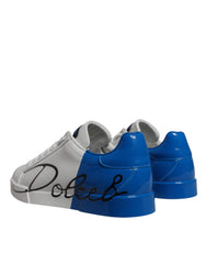 Dolce & Gabbana White Blue Leather Logo Low Top Sneakers Shoes - Sneakers