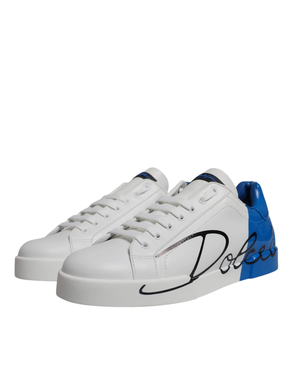 Dolce & Gabbana White Blue Leather Logo Low Top Sneakers Shoes - Sneakers