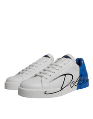 Dolce & Gabbana White Blue Leather Logo Low Top Sneakers Shoes - Sneakers