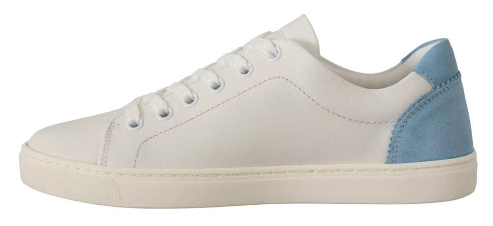 Dolce & Gabbana White Blue Leather Low Top Sneakers Shoes - Sneakers