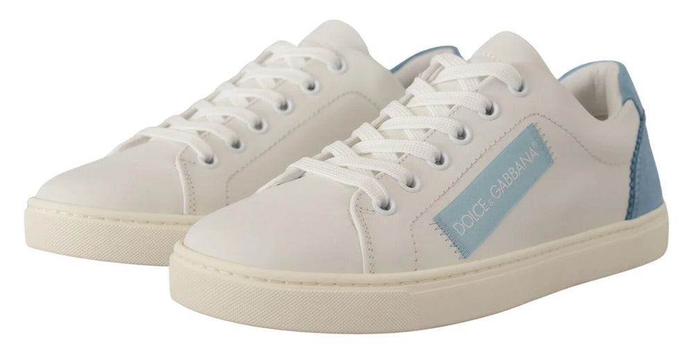 Dolce & Gabbana White Blue Leather Low Top Sneakers Shoes - Sneakers