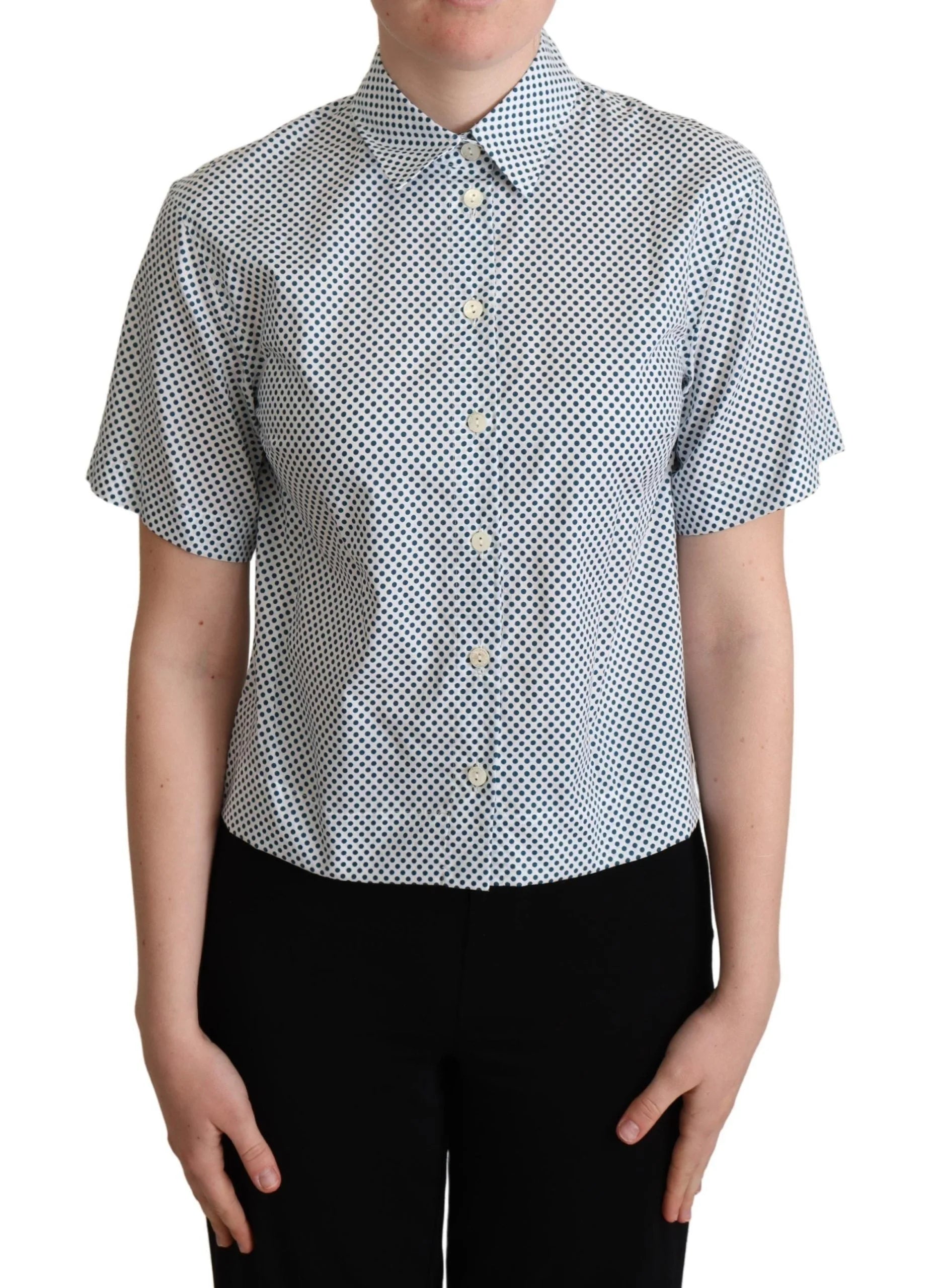 Dolce & Gabbana White Blue Polka Dot Cotton Shirt - Shirts