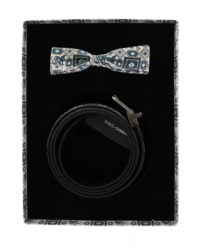 Dolce & Gabbana White Blue Silk Bowtie Leather Belt Gift Box Set - 115 cm / 46 Inches - Clothing Accessories