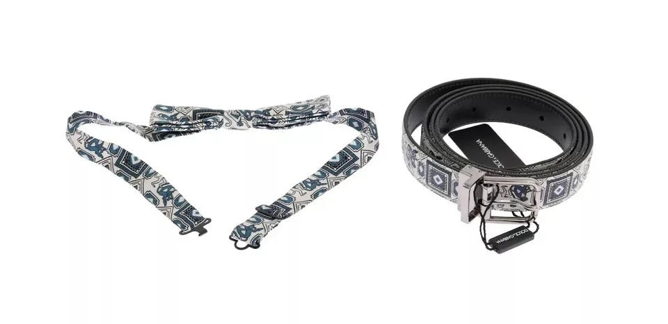 Dolce & Gabbana White Blue Silk Bowtie Leather Belt Gift Box Set - 115 cm / 46 Inches - Clothing Accessories