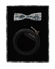 Dolce & Gabbana White Blue Silk Bowtie Leather Belt Gift Box Set - 115 cm / 46 Inches - Clothing Accessories