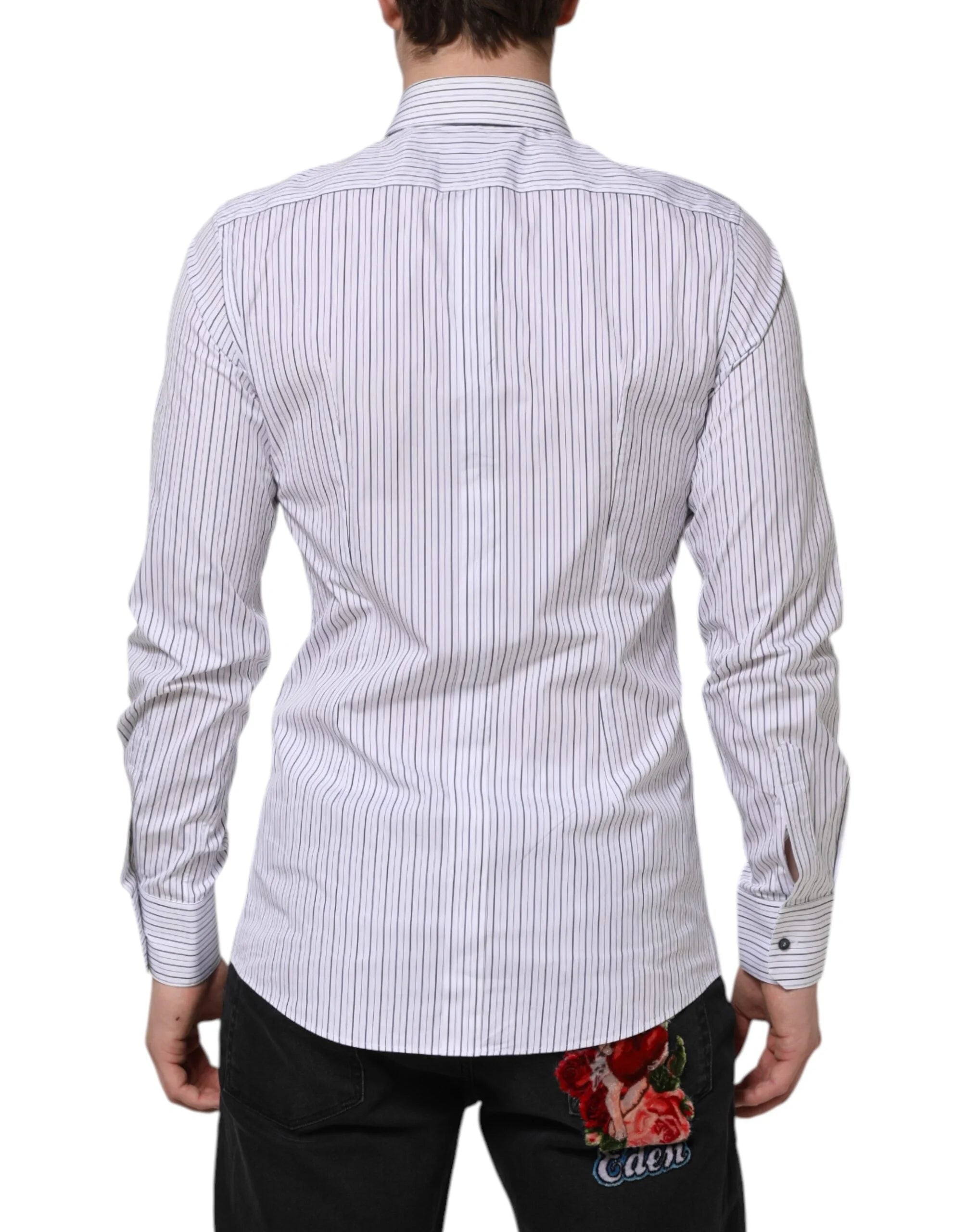 Dolce & Gabbana White Blue Striped Cotton GOLD Formal Shirt - IT39 | S - Shirts