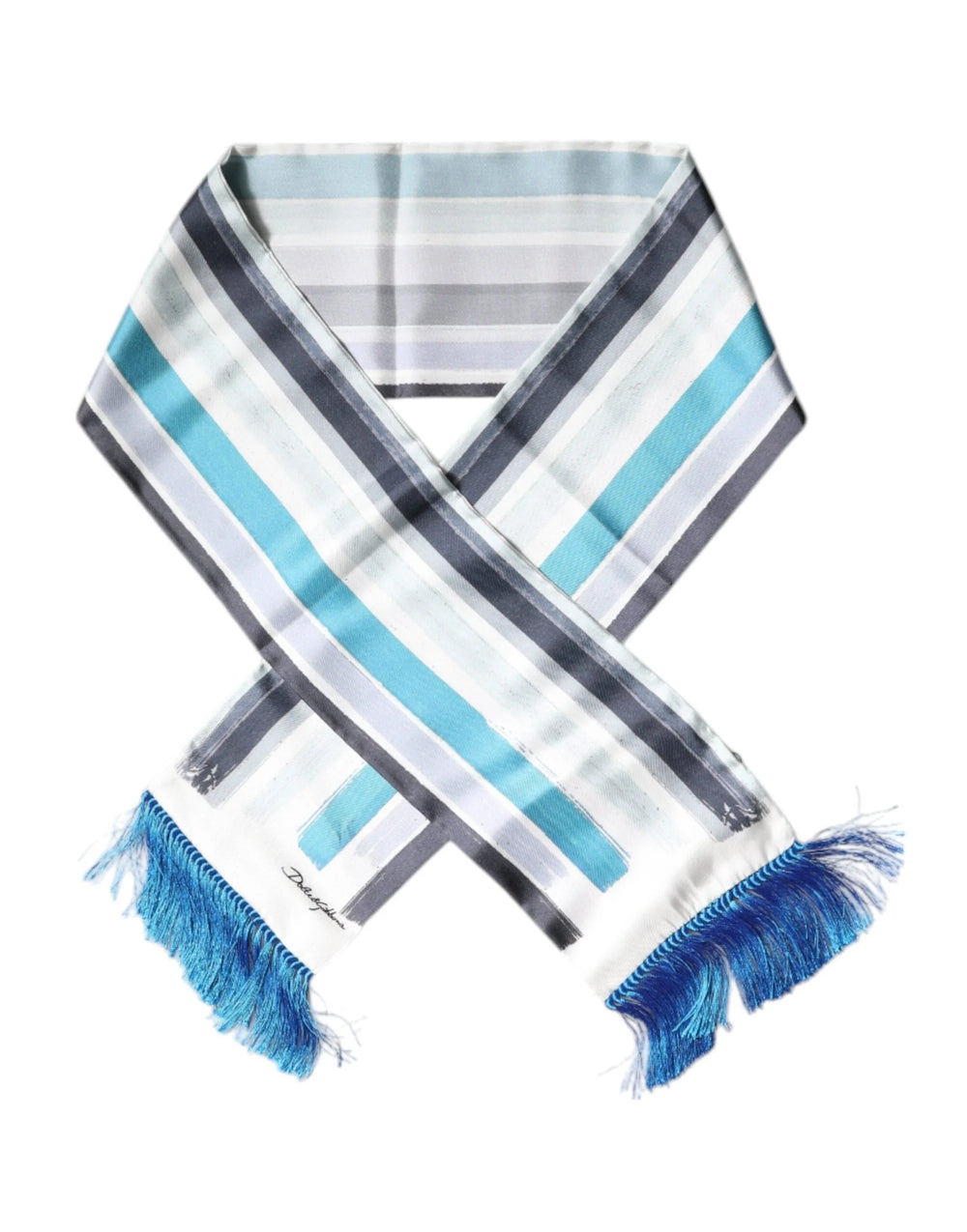 Dolce & Gabbana White Blue Stripes Silk Fringes Wrap Scarf - Scarves & Shawls