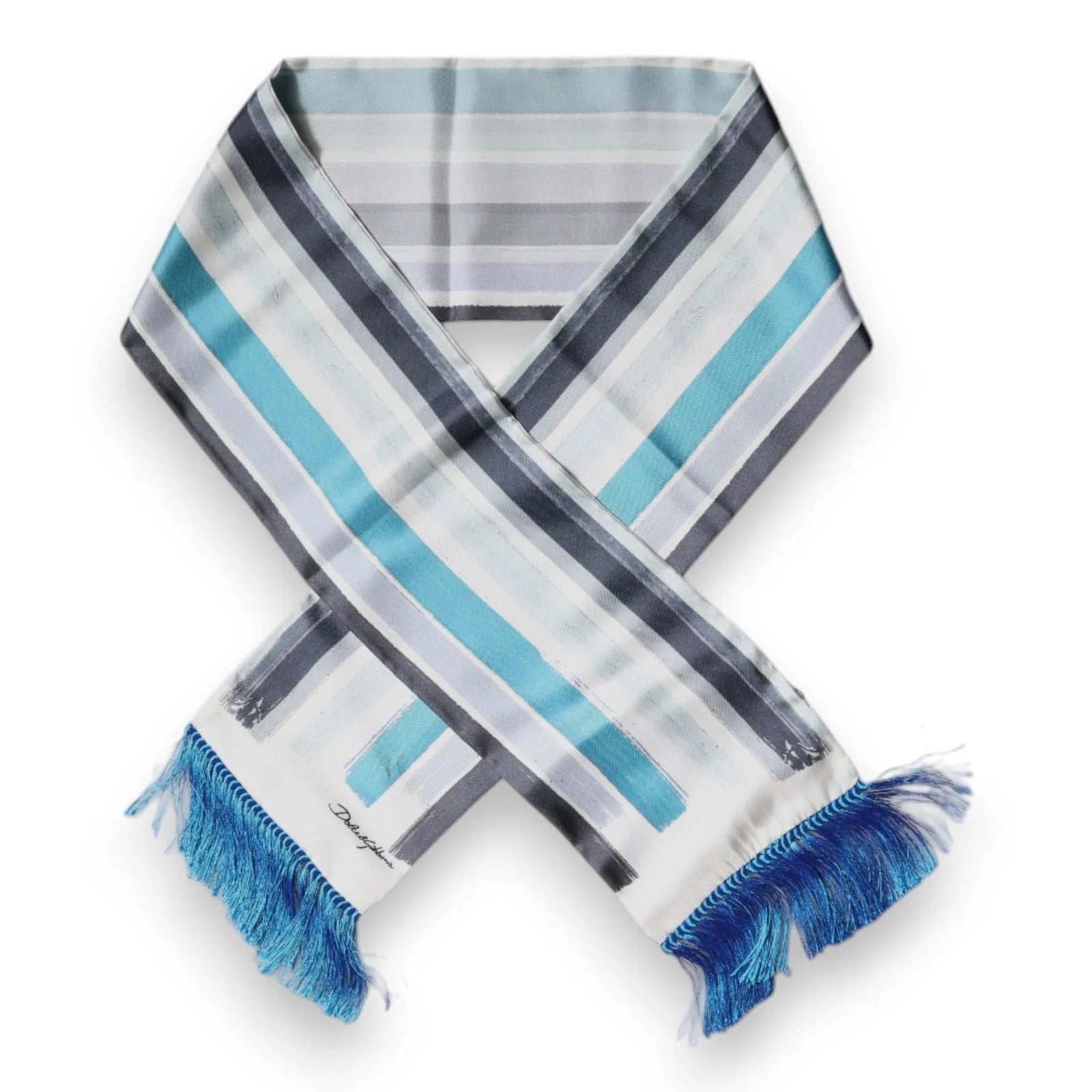 Dolce & Gabbana White Blue Stripes Silk Fringes Wrap Scarf - Scarves & Shawls