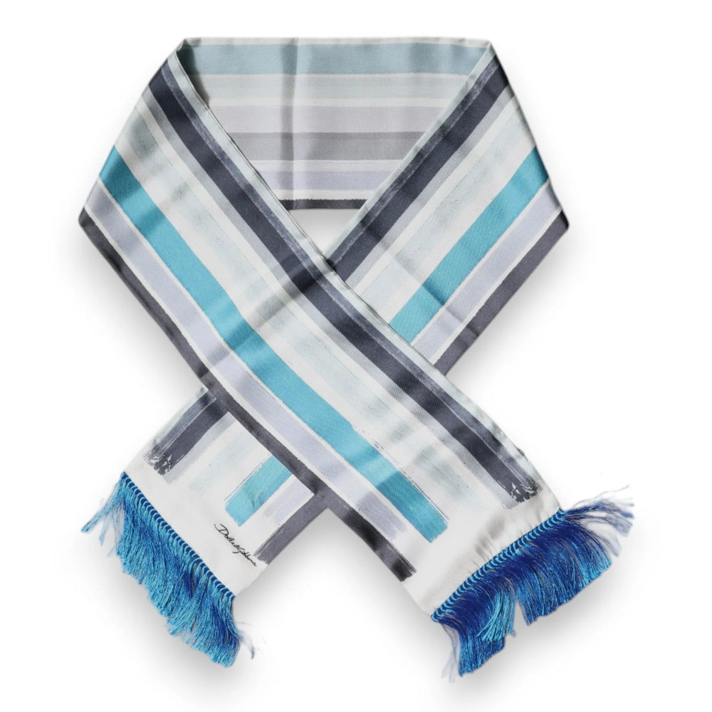 Dolce & Gabbana White Blue Stripes Silk Fringes Wrap Scarf - Scarves & Shawls