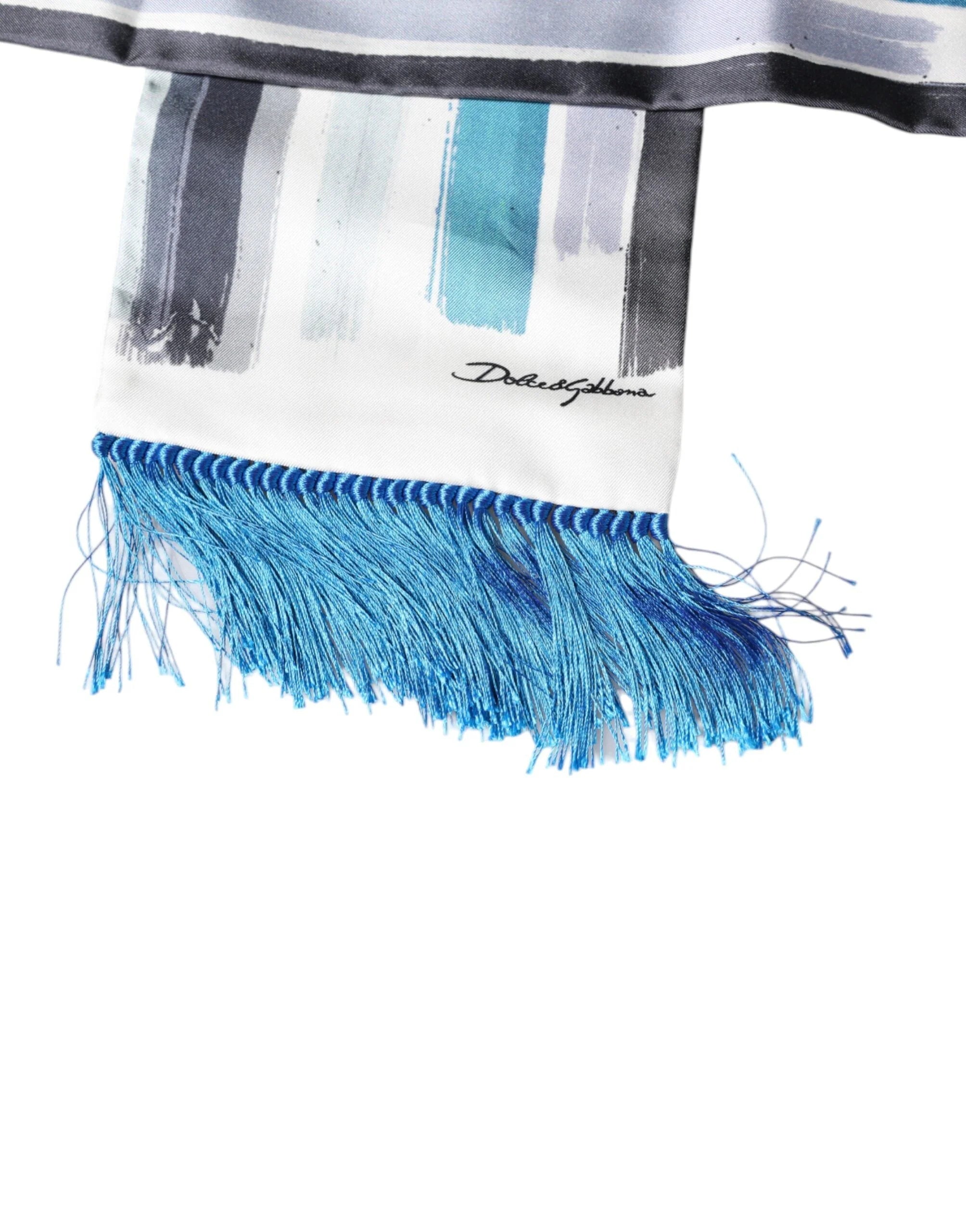 Dolce & Gabbana White Blue Stripes Silk Fringes Wrap Scarf - Scarves & Shawls