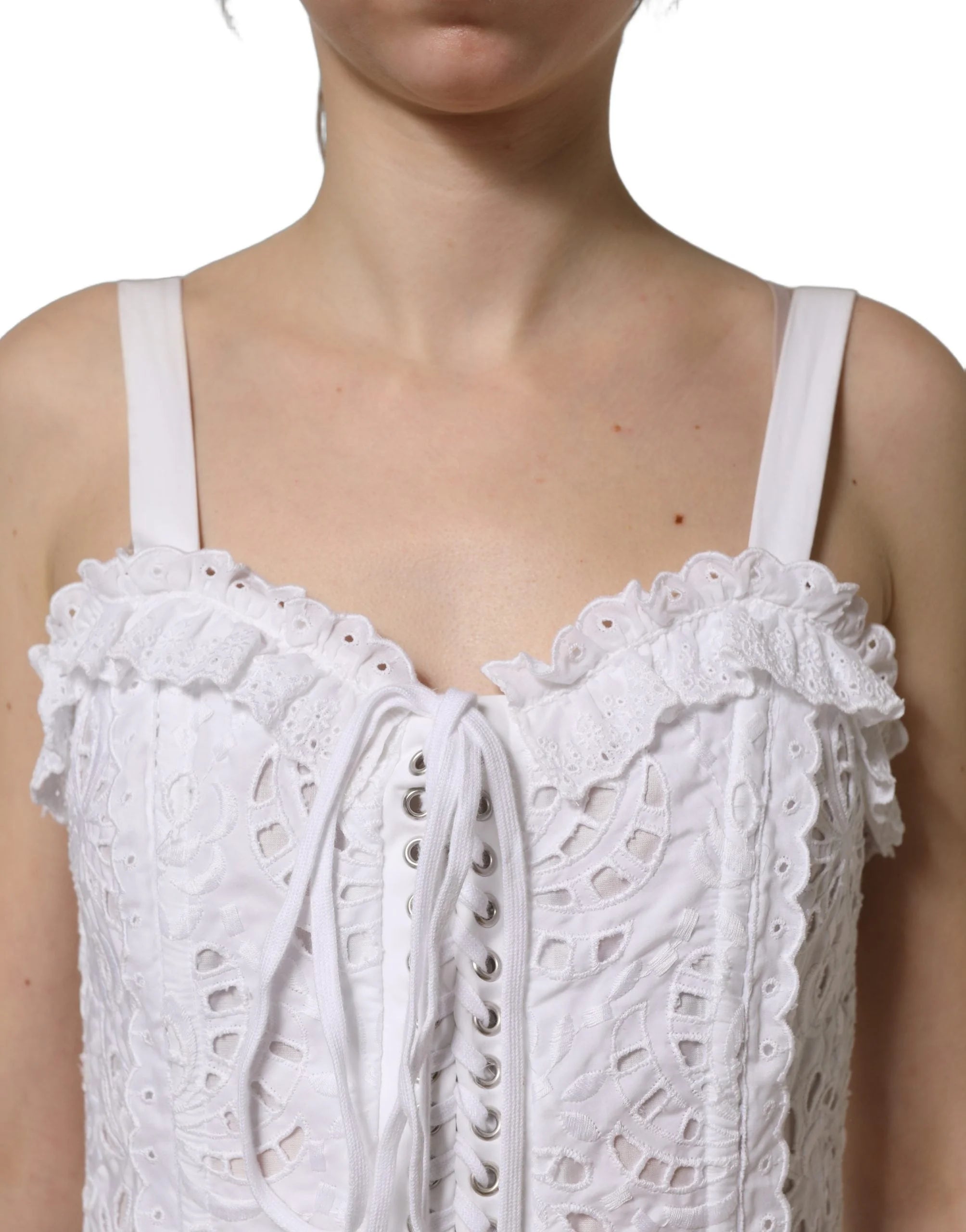 Dolce & Gabbana White Broderie Anglaise Cotton Mini Dress - IT38 | XS