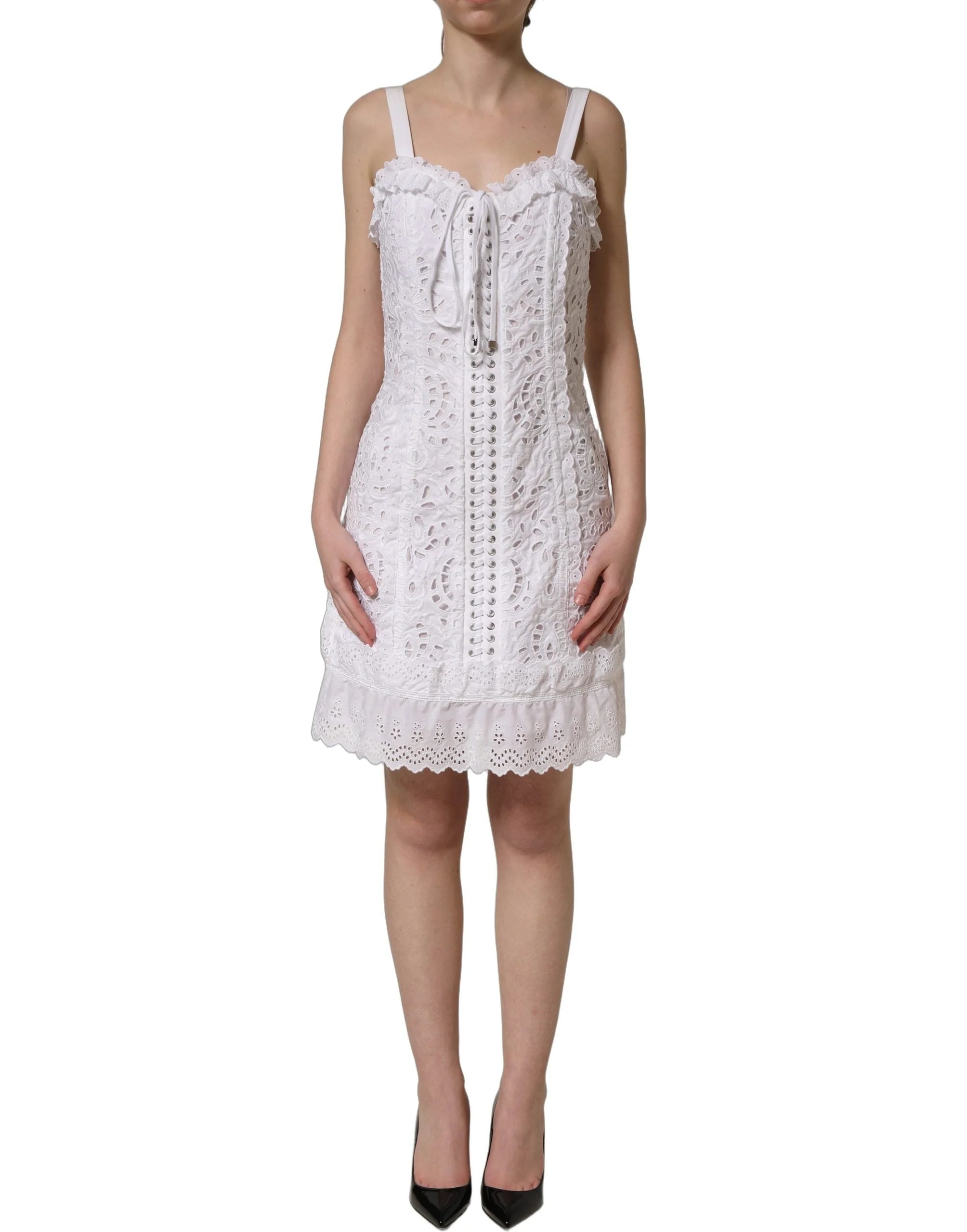 Dolce & Gabbana White Broderie Anglaise Cotton Mini Dress - IT38 | XS