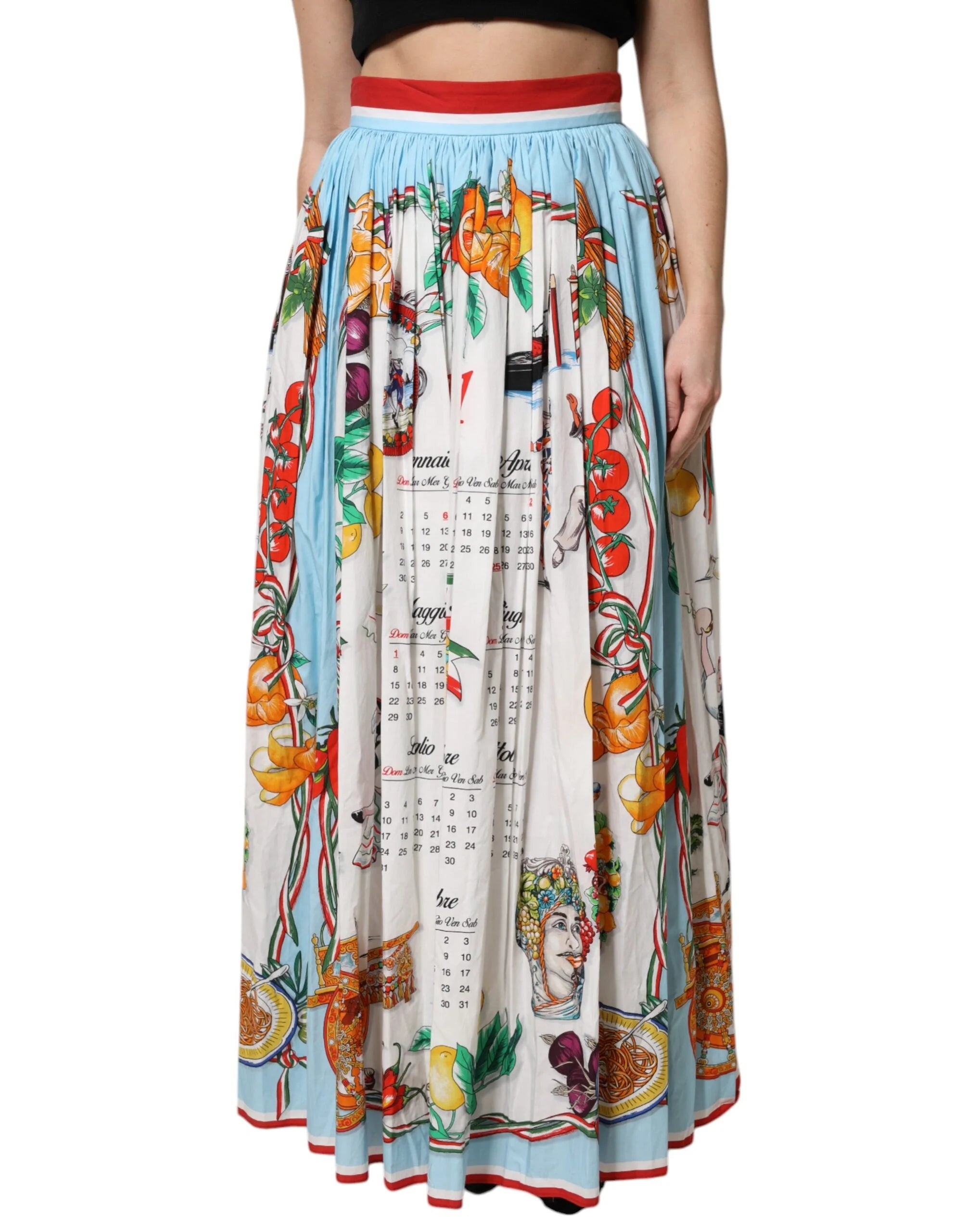 Dolce & Gabbana White Calendar Print Cotton Gathered Maxi Skirt - IT36|XXS