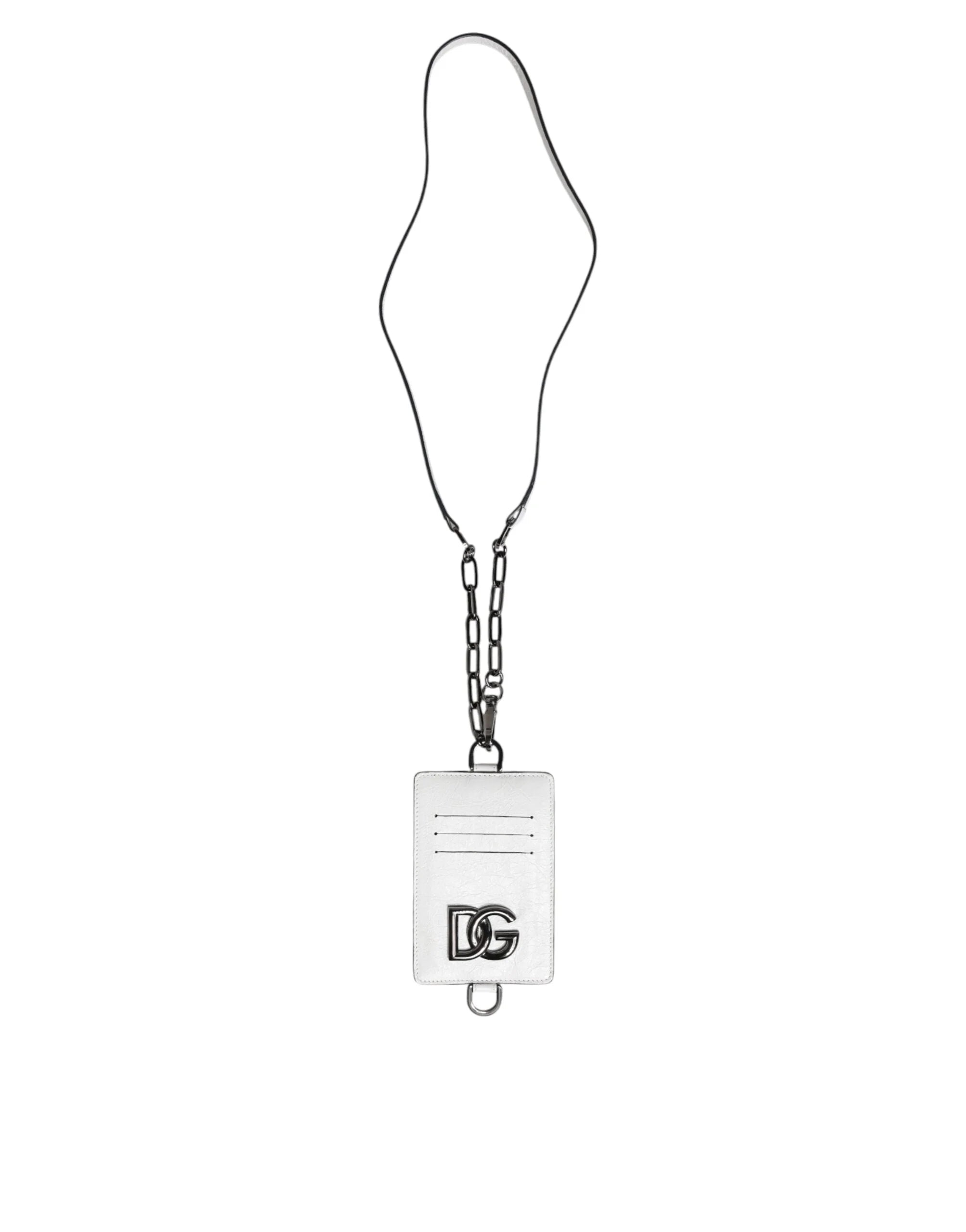 Dolce & Gabbana White Calf Leather Lanyard Logo Card Holder Wallet - Neck Pouches