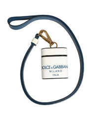 Dolce & Gabbana White Calf Leather Logo Flip Holder Strap Airpods Case