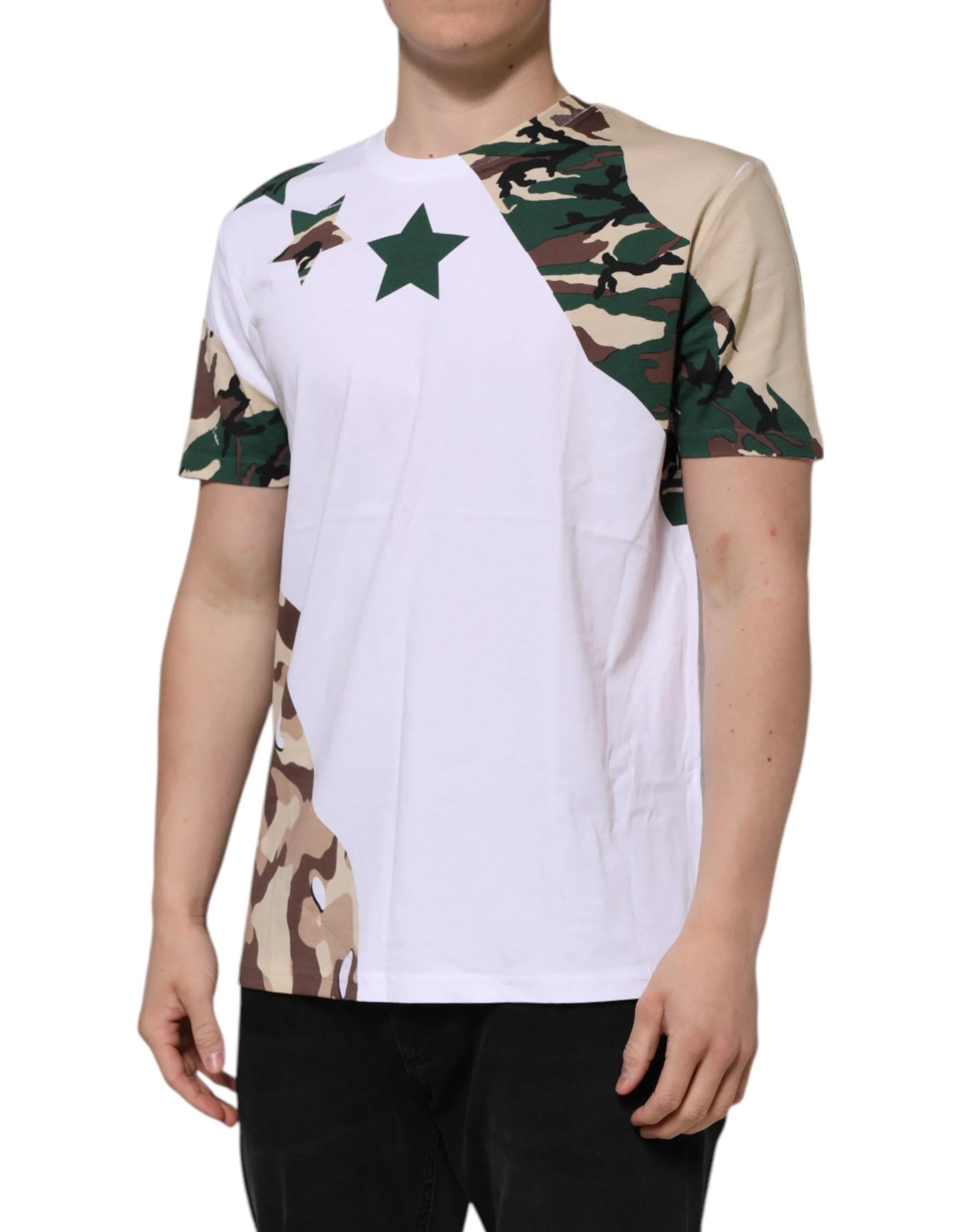 Dolce & Gabbana White Camouflage Cotton Men Crew Neck T-shirt - T-Shirts