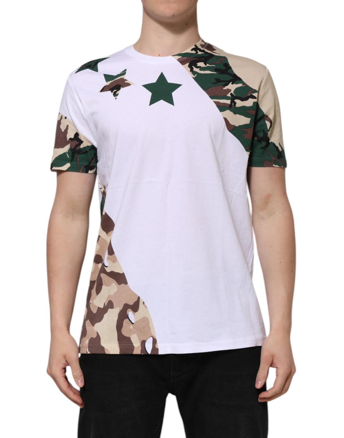 Dolce & Gabbana White Camouflage Cotton Men Crew Neck T-shirt - T-Shirts