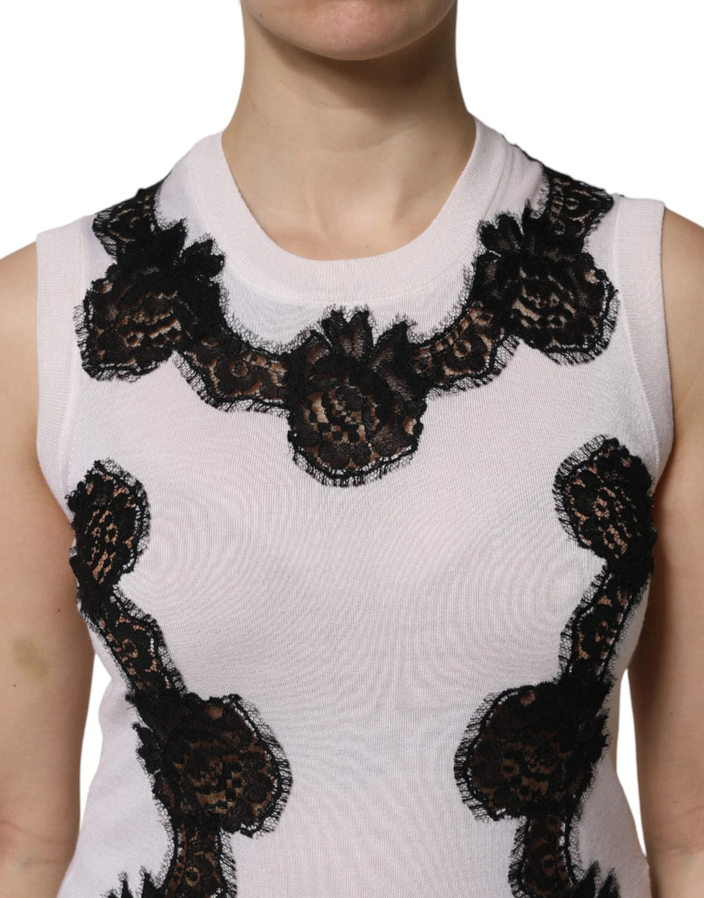 Dolce & Gabbana White Cashmere Floral Lace Detailing Tank Top - IT38 | XS - Tank Tops
