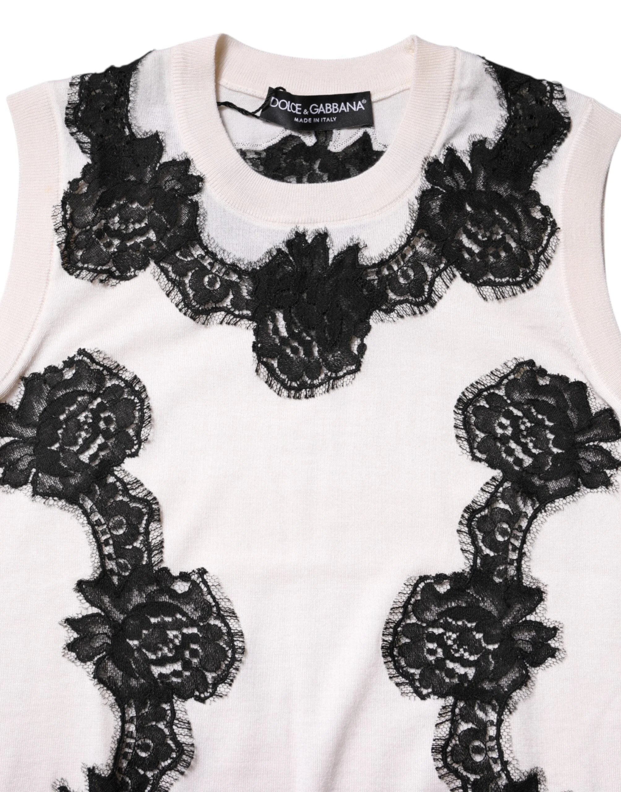 Dolce & Gabbana White Cashmere Floral Lace Detailing Tank Top - IT38 | XS - Tank Tops