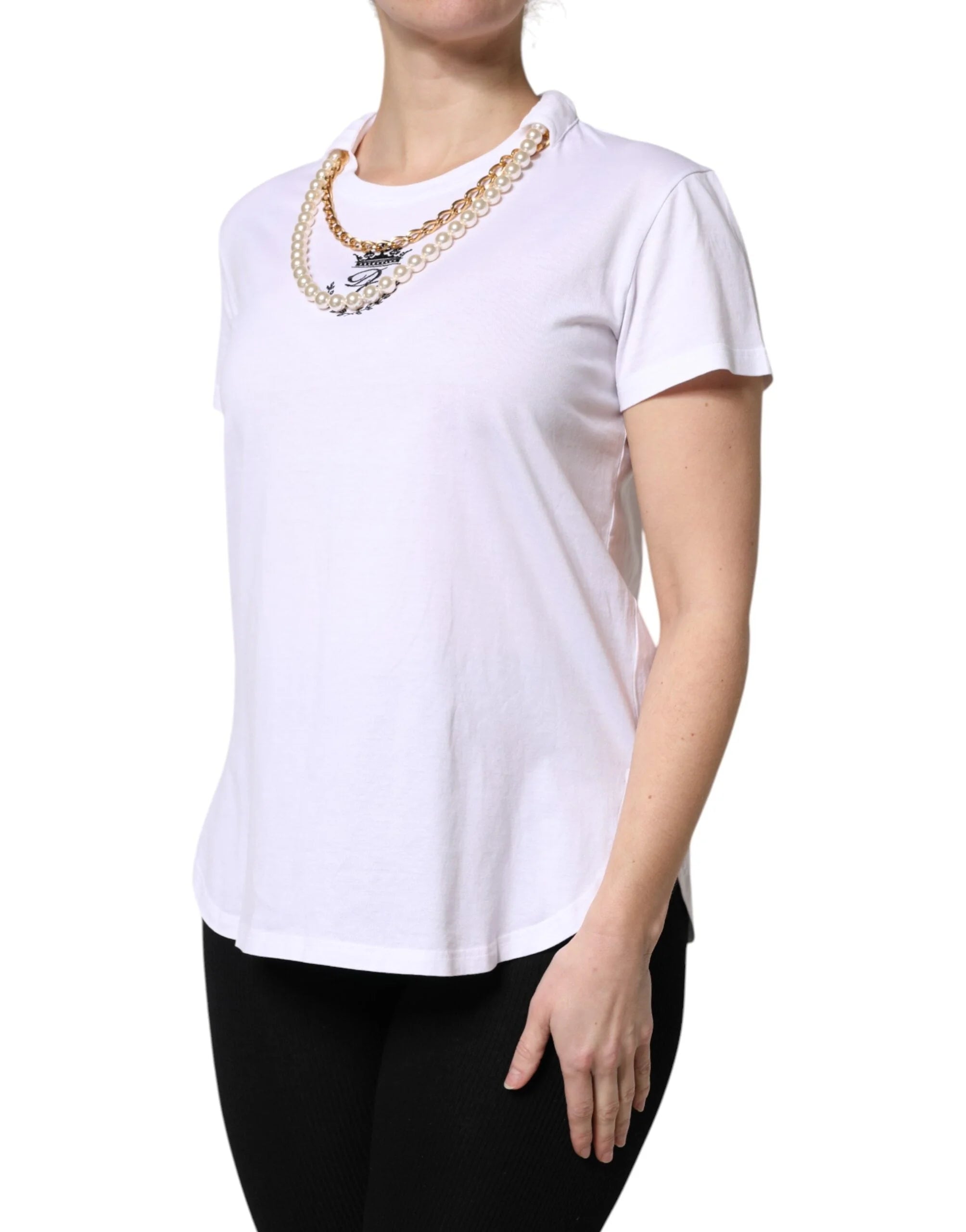 Dolce & Gabbana White Chain Pearl Cotton Round Neck T-shirt - IT42|M - T-Shirts