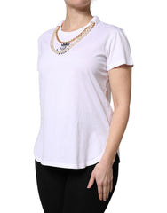 Dolce & Gabbana White Chain Pearl Cotton Round Neck T-shirt - IT42|M - T-Shirts