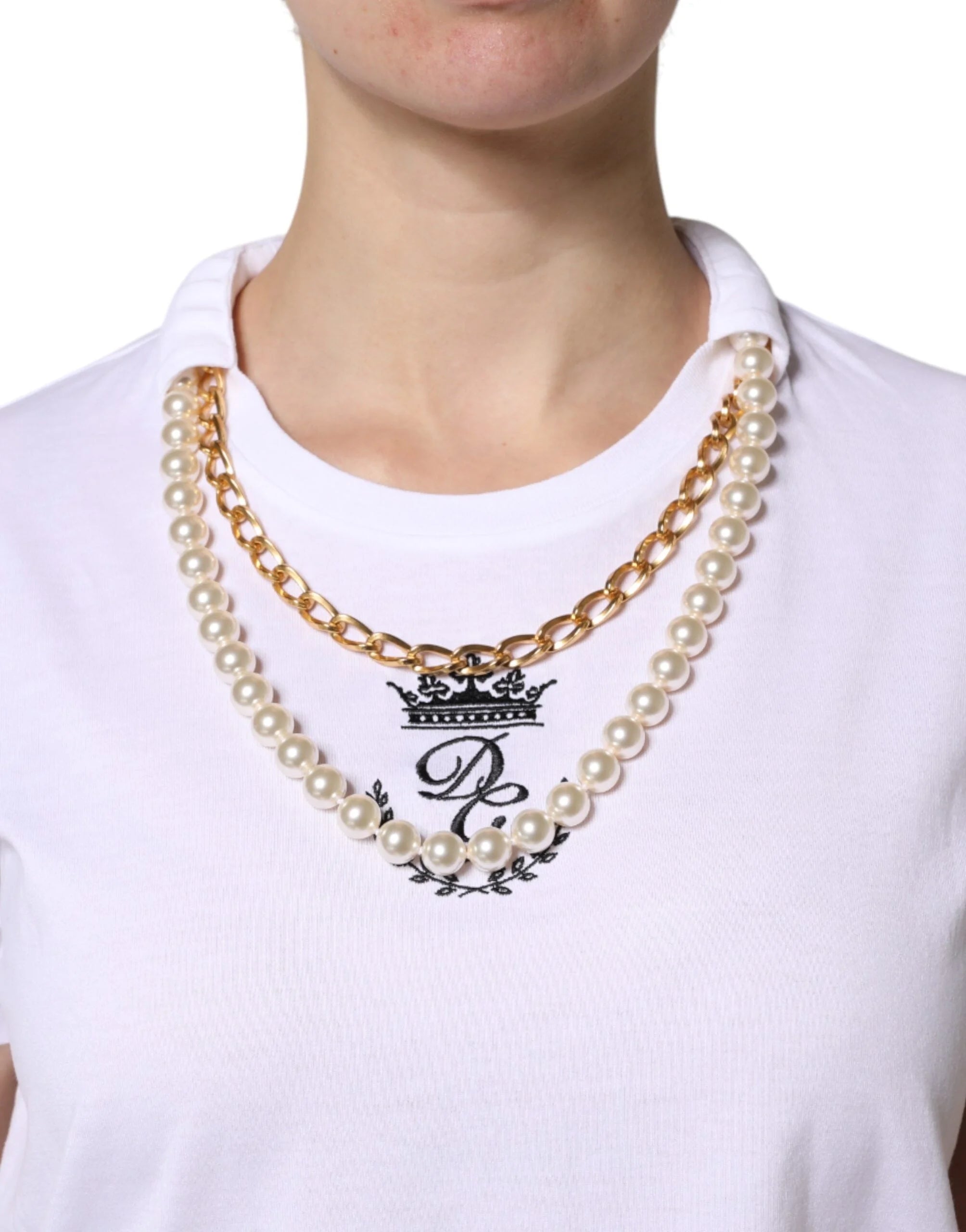 Dolce & Gabbana White Chain Pearl Cotton Round Neck T-shirt - IT42|M - T-Shirts