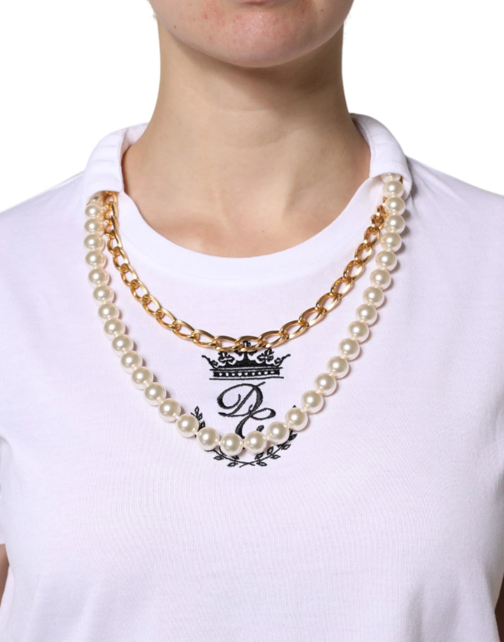 Dolce & Gabbana White Chain Pearl Cotton Round Neck T-shirt - IT42|M - T-Shirts