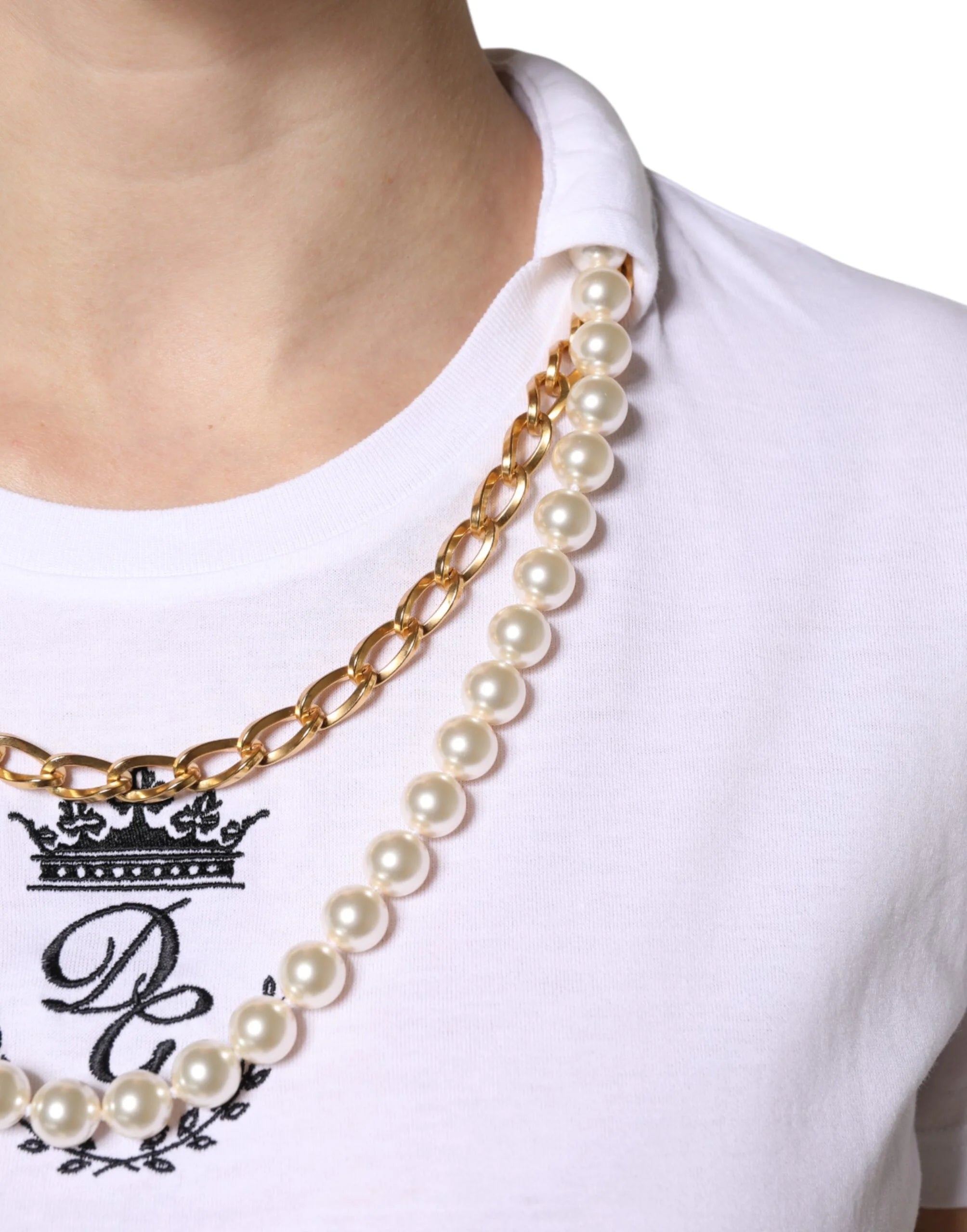 Dolce & Gabbana White Chain Pearl Cotton Round Neck T-shirt - IT42|M - T-Shirts
