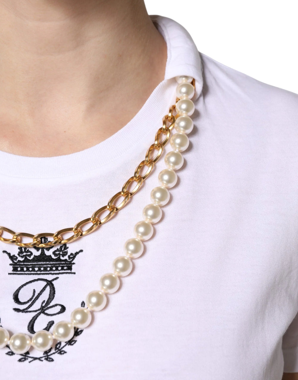 Dolce & Gabbana White Chain Pearl Cotton Round Neck T-shirt - IT42|M - T-Shirts