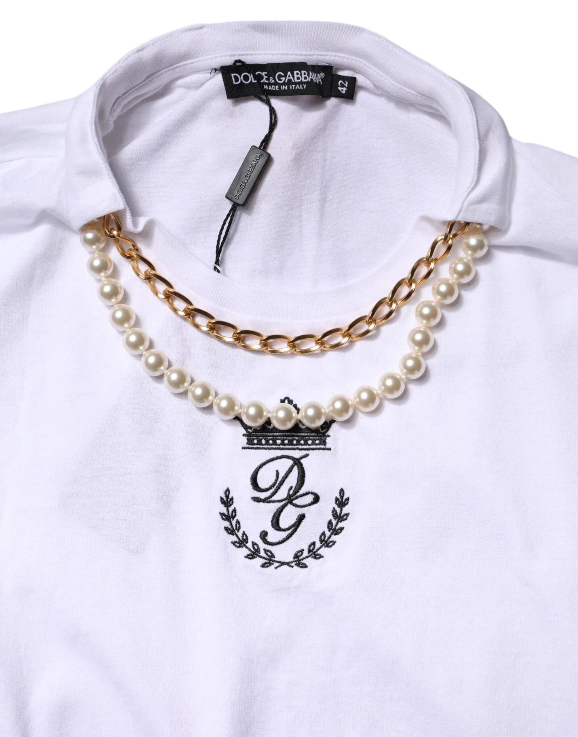 Dolce & Gabbana White Chain Pearl Cotton Round Neck T-shirt - IT42|M - T-Shirts
