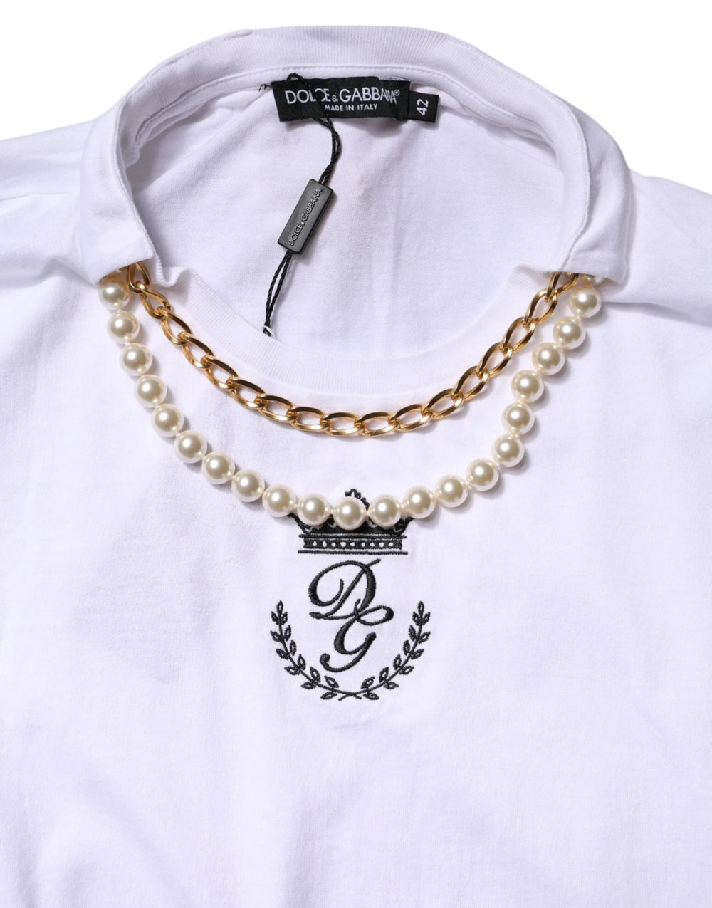 Dolce & Gabbana White Chain Pearl Cotton Round Neck T-shirt - IT42|M - T-Shirts