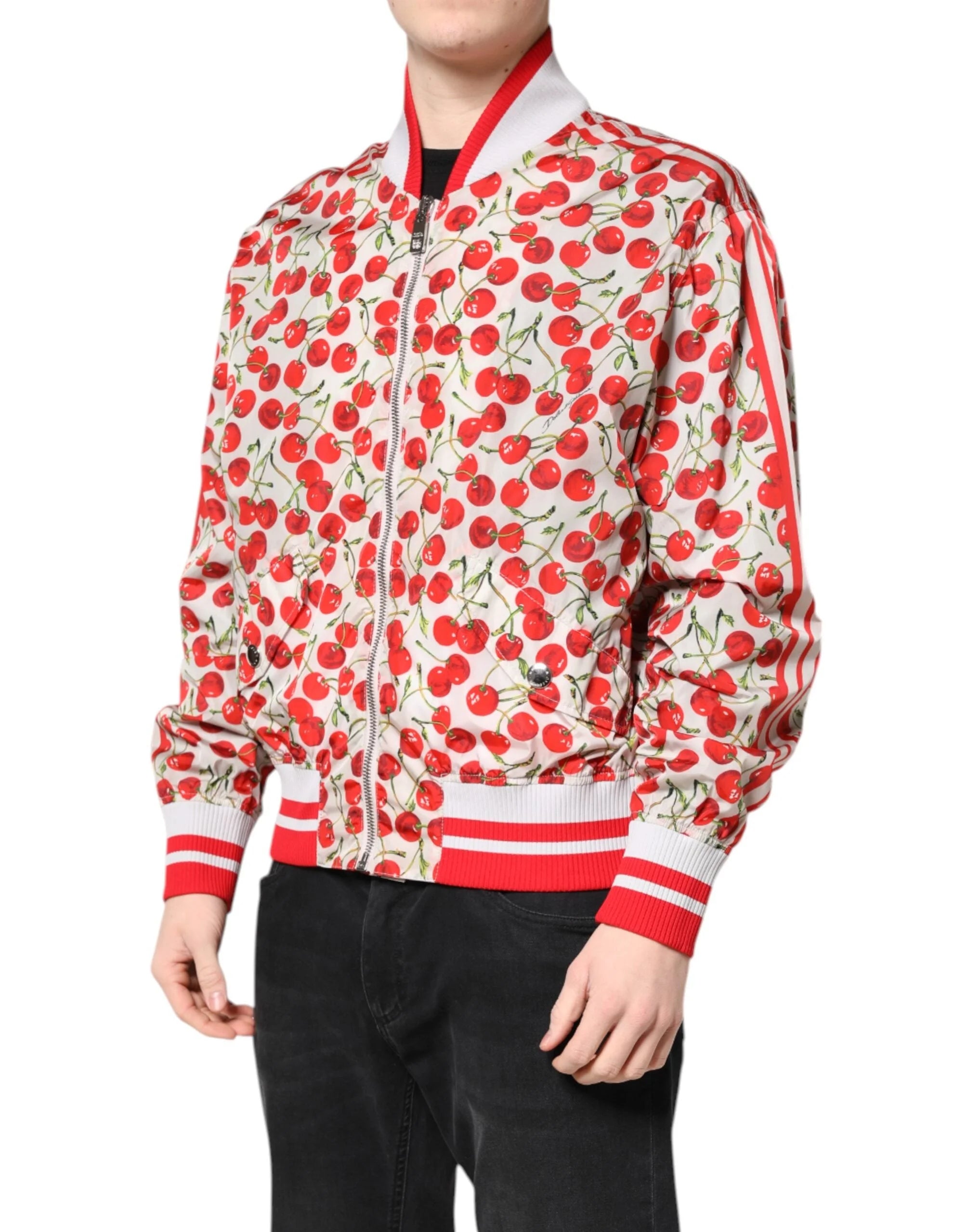 Dolce & Gabbana White Cherry Print Full Zip Bomber Jacket - IT52 | XL - Bomber Jackets