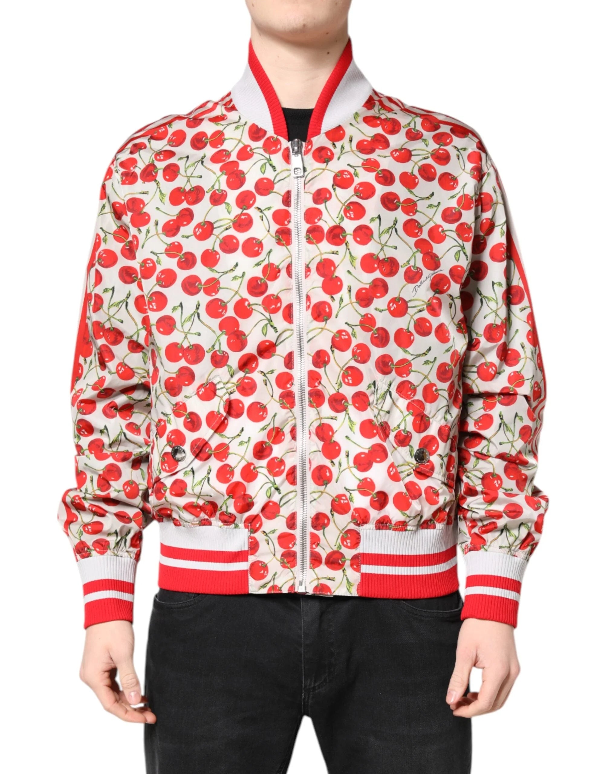 Dolce & Gabbana White Cherry Print Full Zip Bomber Jacket - IT52 | XL - Bomber Jackets