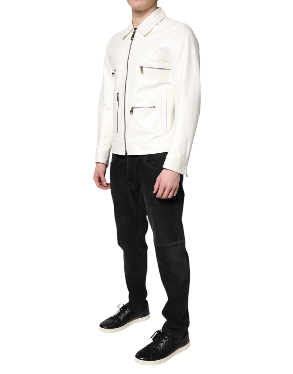Dolce & Gabbana White Collared Full Zip Biker Coat Jacket - IT48 | M - Coats & Jackets