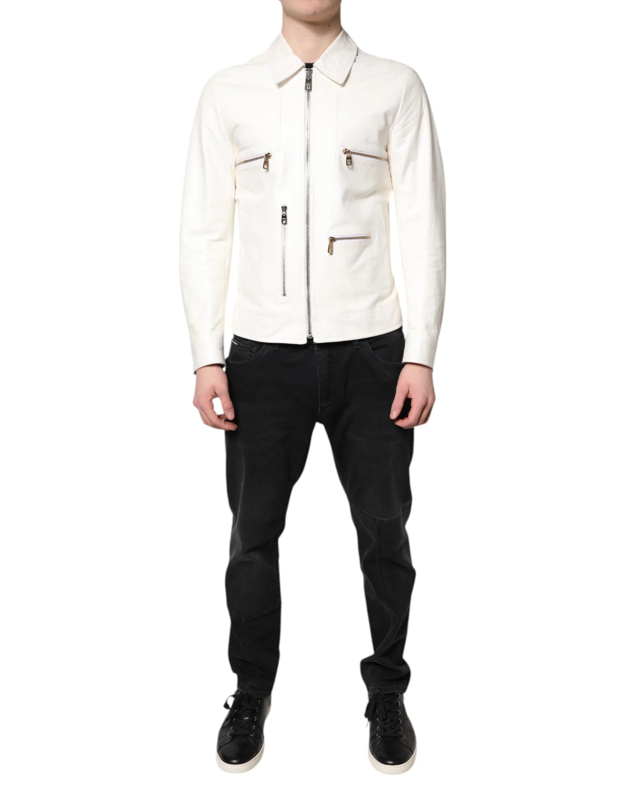 Dolce & Gabbana White Collared Full Zip Biker Coat Jacket - IT48 | M - Coats & Jackets