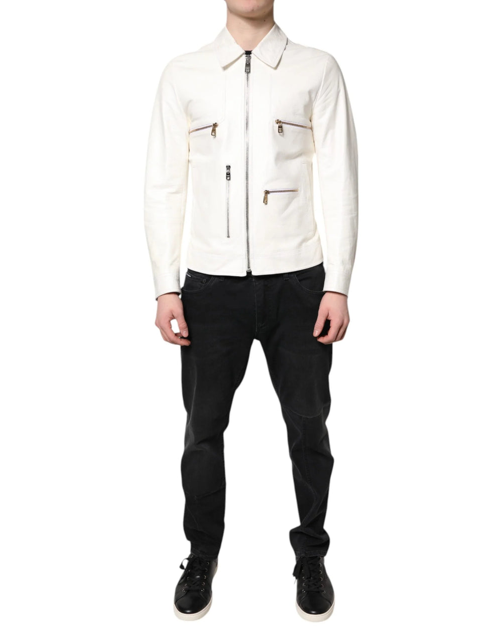 Dolce & Gabbana White Collared Full Zip Biker Coat Jacket - IT48 | M - Coats & Jackets