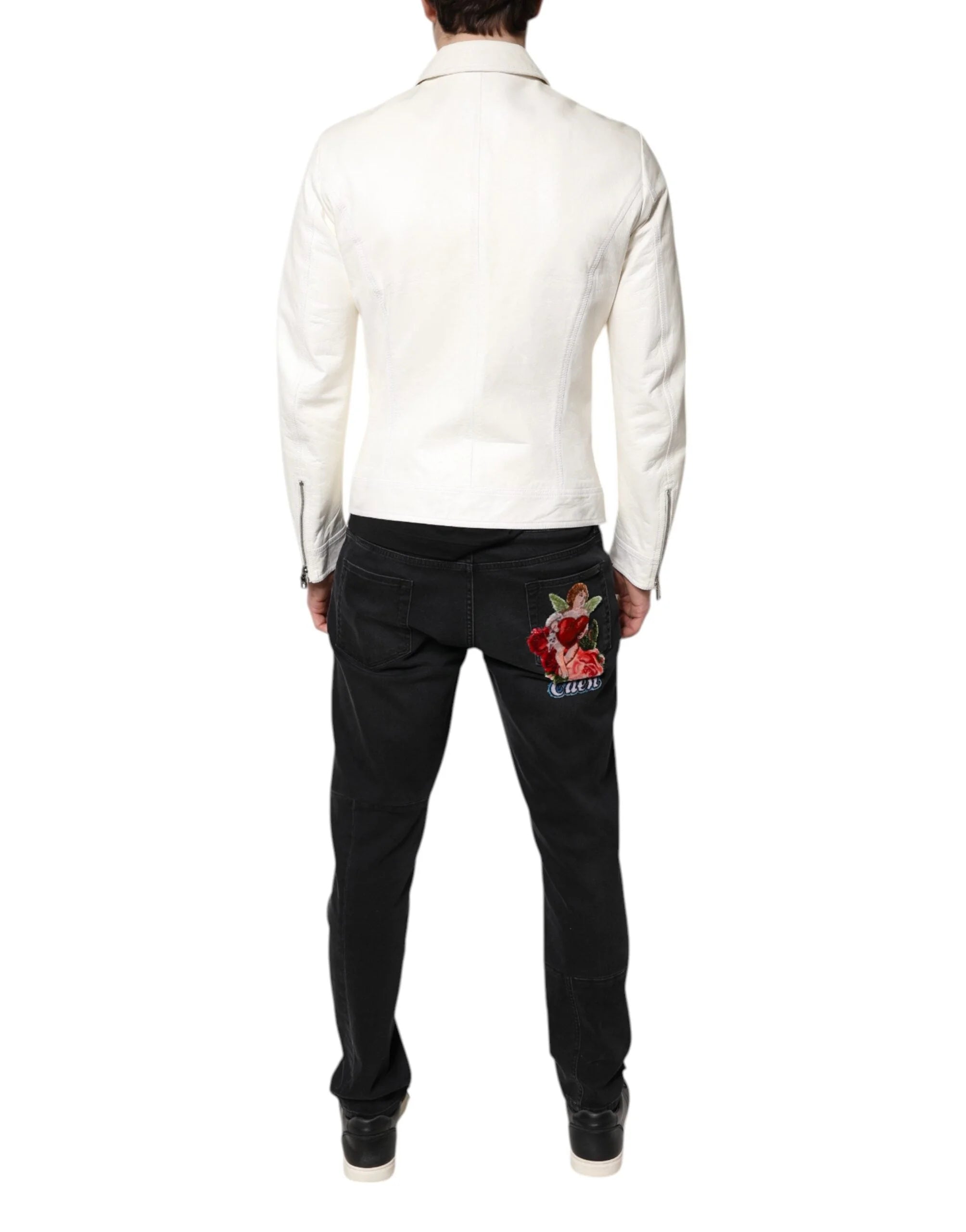 Dolce & Gabbana White Collared Full Zip Biker Coat Jacket - IT48 | M - Coats & Jackets
