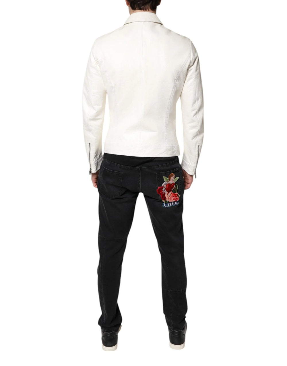 Dolce & Gabbana White Collared Full Zip Biker Coat Jacket - IT48 | M - Coats & Jackets