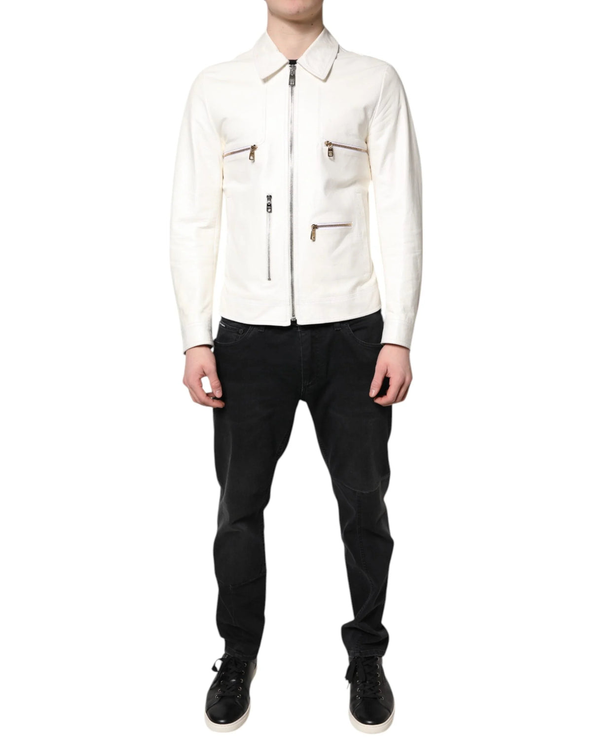 Dolce & Gabbana White Collared Full Zip Biker Coat Jacket - IT48 | M - Coats & Jackets