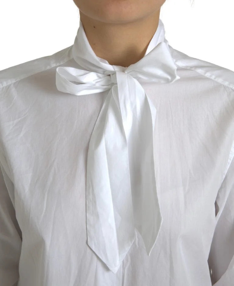 Dolce & Gabbana White Cotton Ascot Collar Long Sleeves Top - Shirts