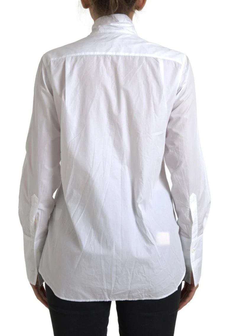 Dolce & Gabbana White Cotton Ascot Collar Long Sleeves Top - Shirts