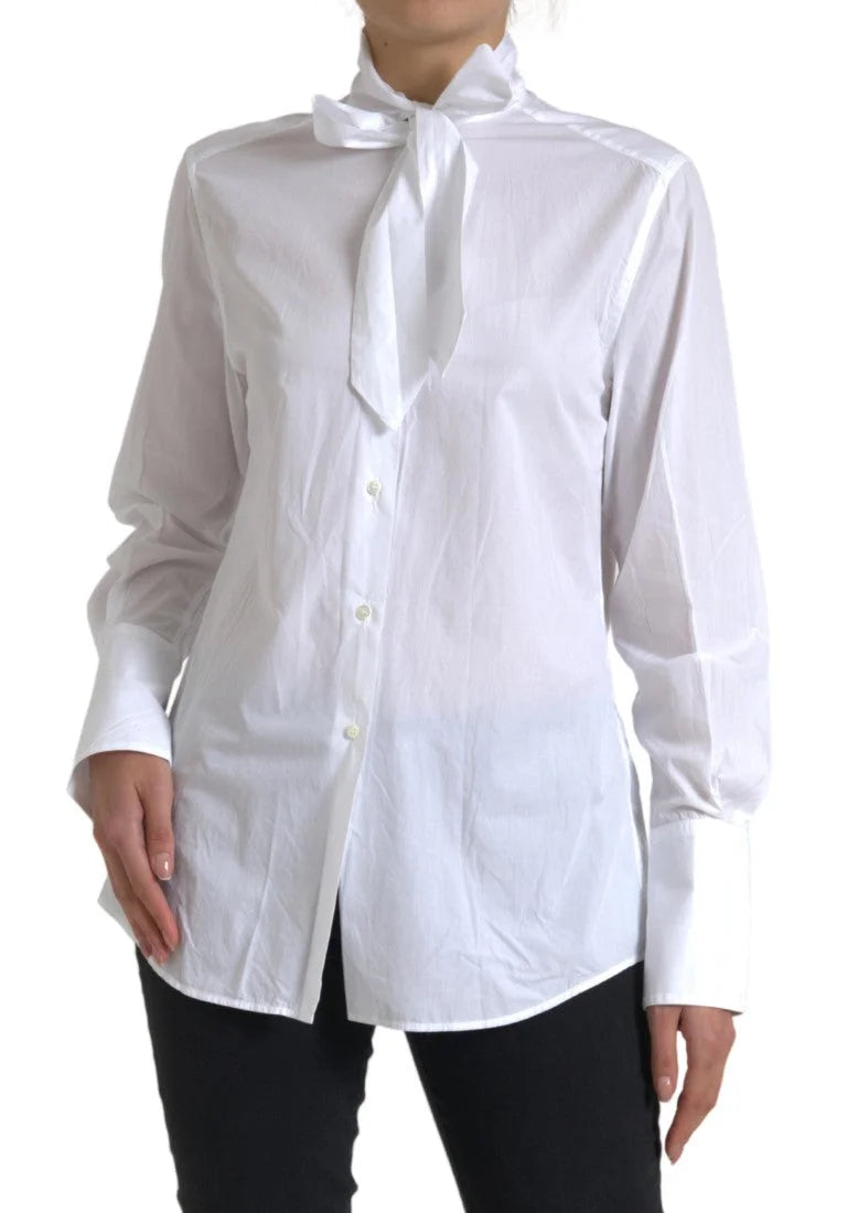 Dolce & Gabbana White Cotton Ascot Collar Long Sleeves Top - Shirts
