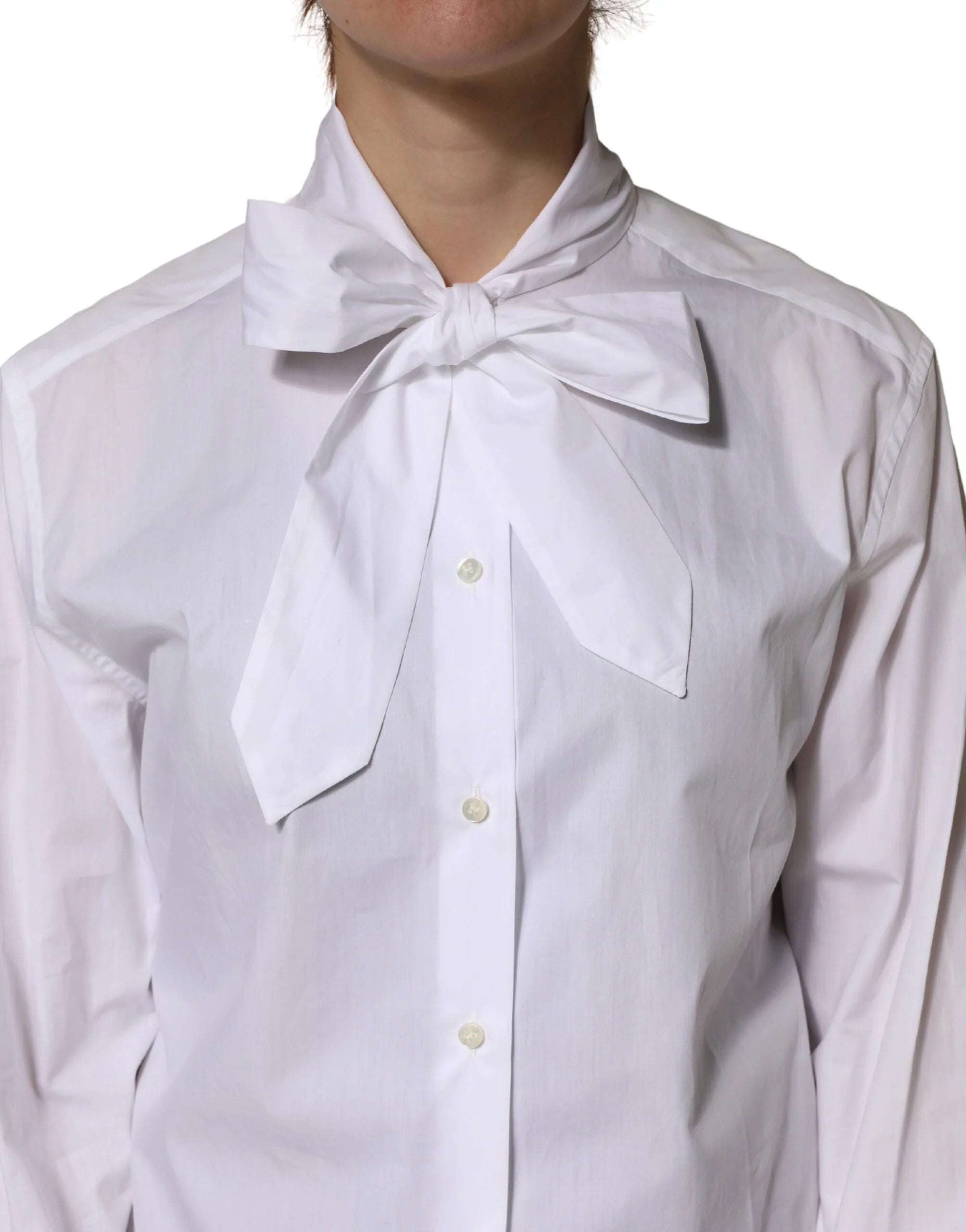 Dolce & Gabbana White Cotton Bow Tie Long Sleeves Blouse Top - IT42|M