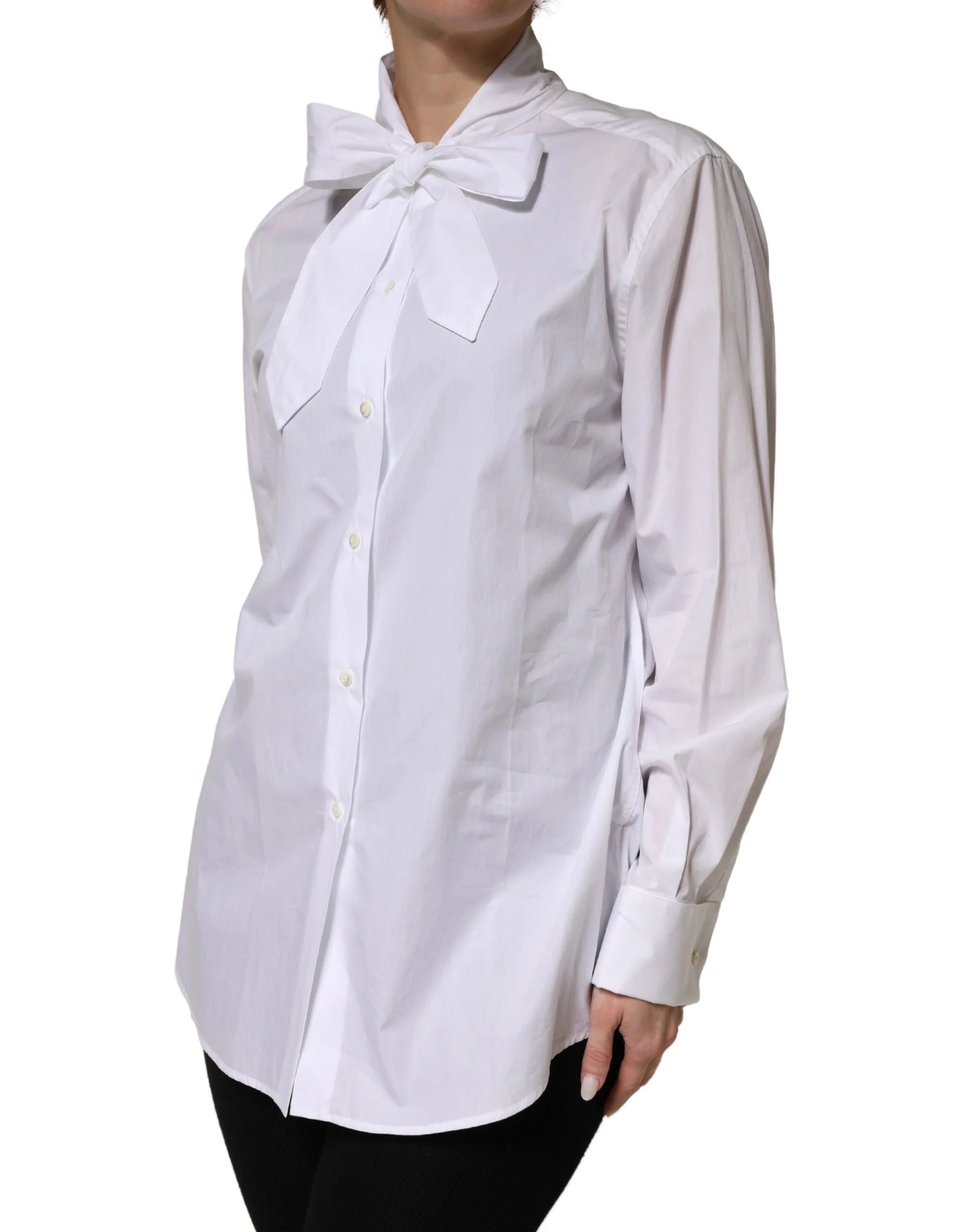 Dolce & Gabbana White Cotton Bow Tie Long Sleeves Blouse Top - IT42|M