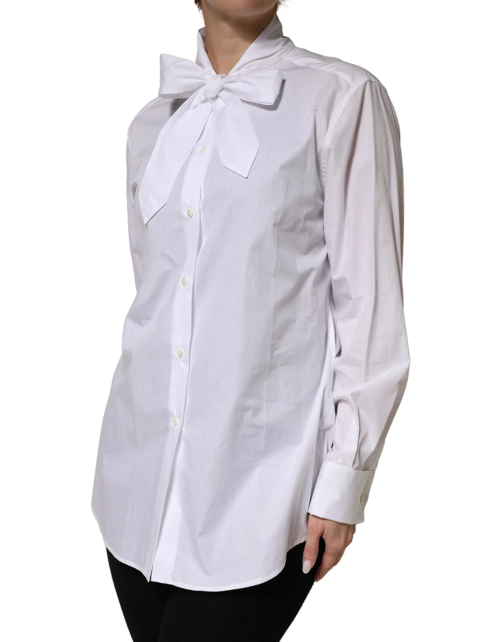 Dolce & Gabbana White Cotton Bow Tie Long Sleeves Blouse Top - IT42|M