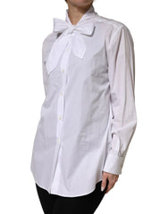 Dolce & Gabbana White Cotton Bow Tie Long Sleeves Blouse Top - IT42|M