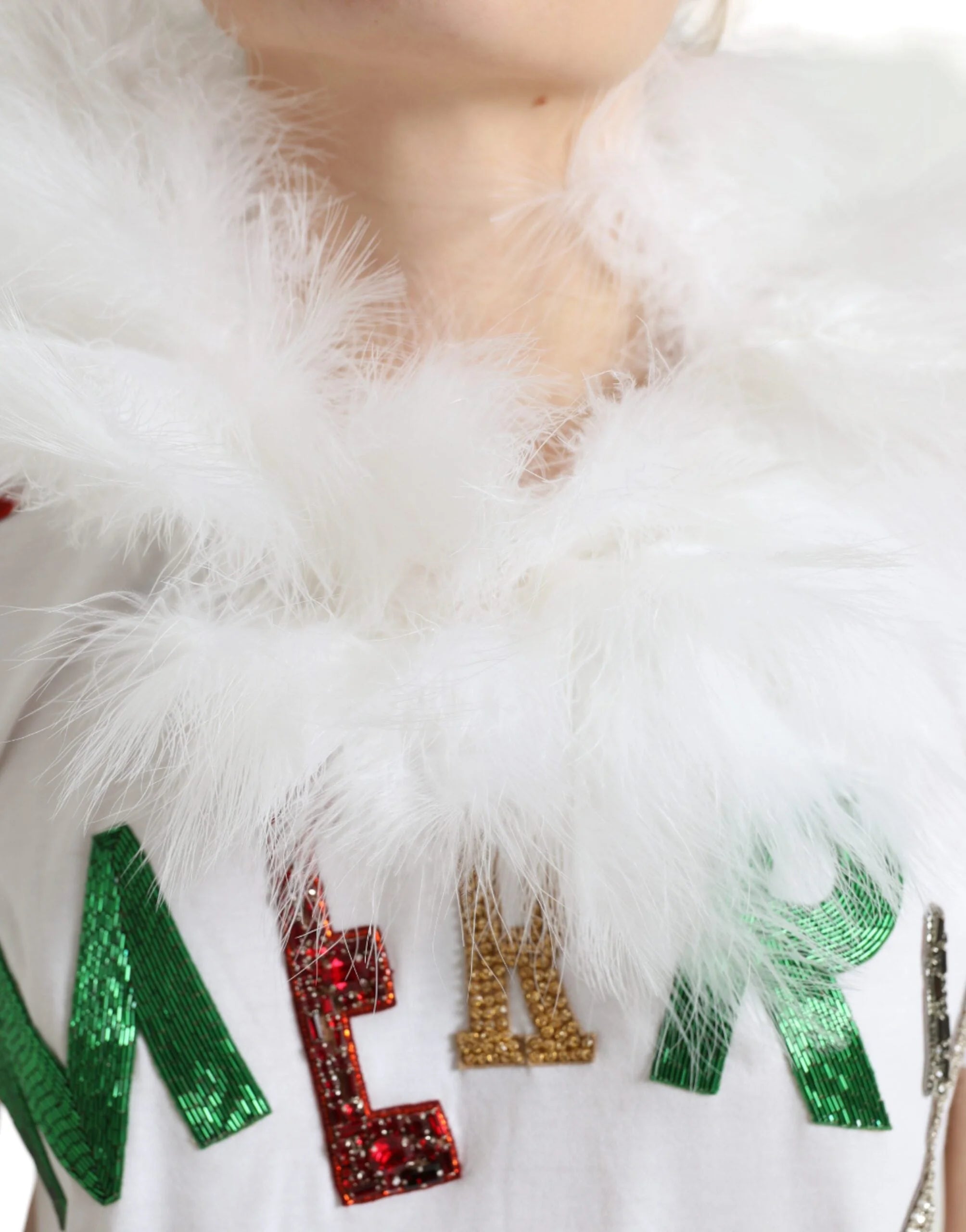 Dolce & Gabbana White Cotton Christmas Sequin Fur T-shirt - IT36|XXS - T-Shirts