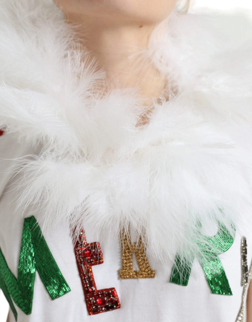 Dolce & Gabbana White Cotton Christmas Sequin Fur T-shirt - IT36|XXS - T-Shirts