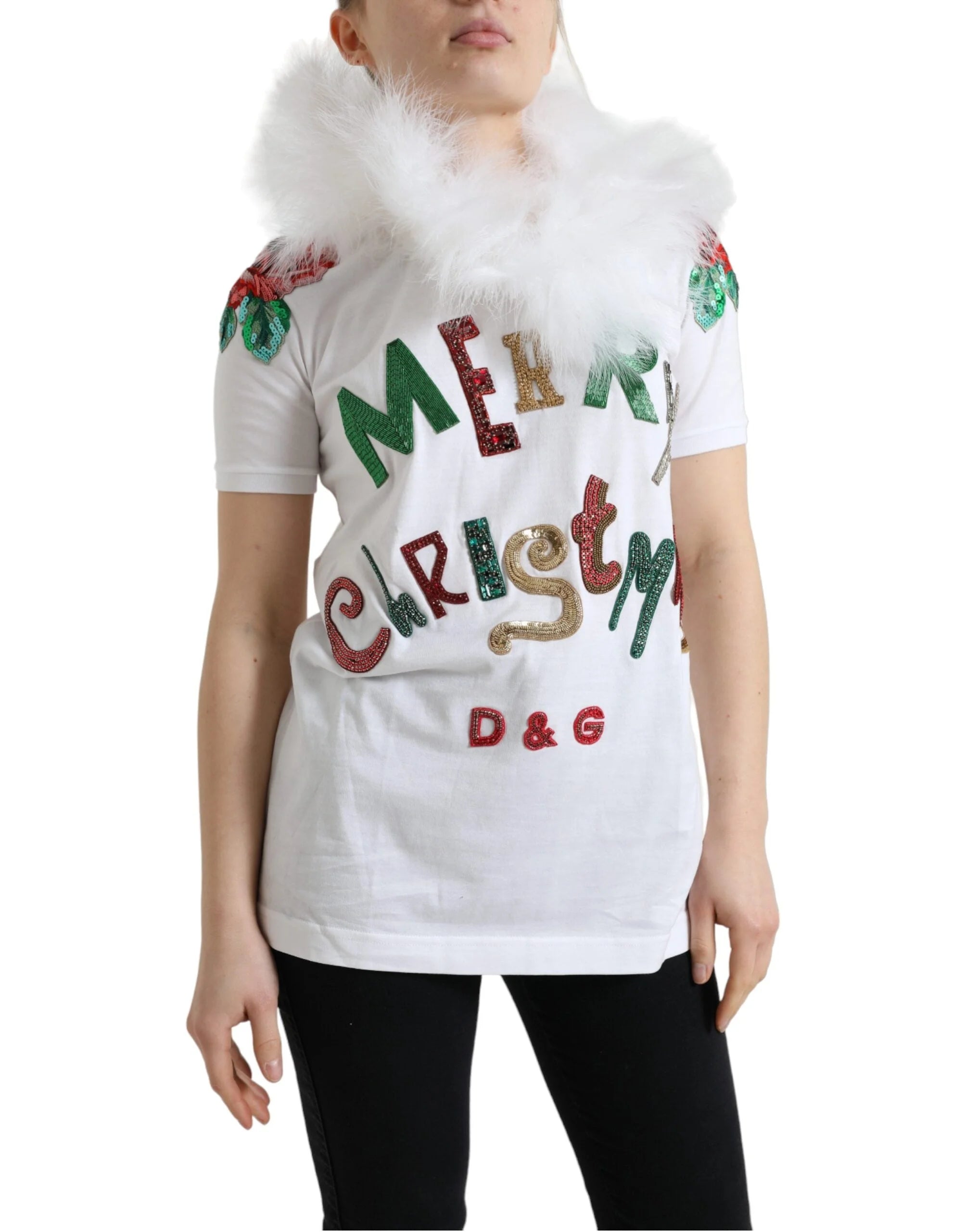 Dolce & Gabbana White Cotton Christmas Sequin Fur T-shirt - IT36|XXS - T-Shirts