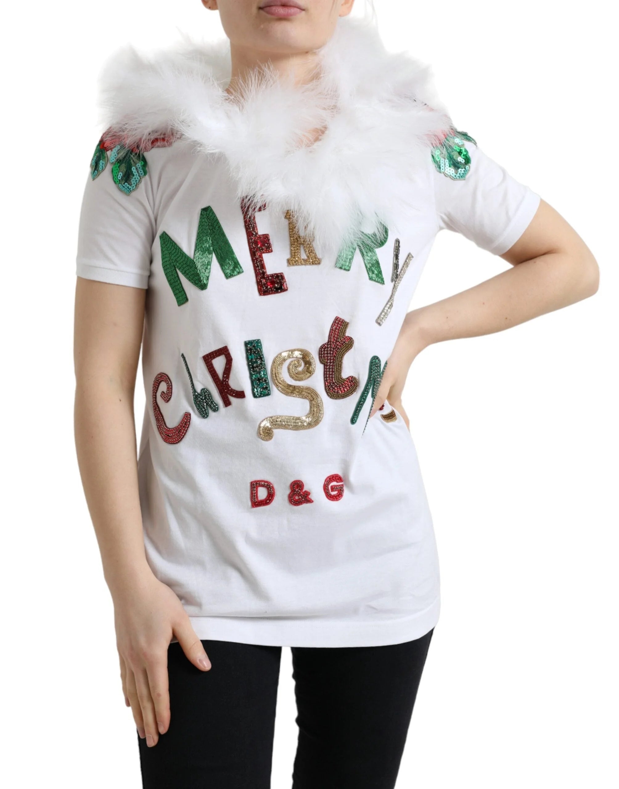 Dolce & Gabbana White Cotton Christmas Sequin Fur T-shirt - IT36|XXS - T-Shirts